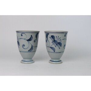 Set Of 2 Hand-Painted Blue & White Ceramic Cups With Floral Design 4" Tall, Sign